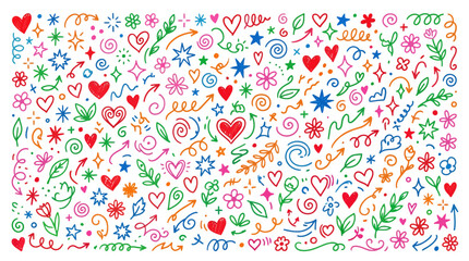 Hand drawn doodle background with colorful hearts and arrows, playful sketch pattern vector, vibrant decorative elements for greeting cards © FATEMA