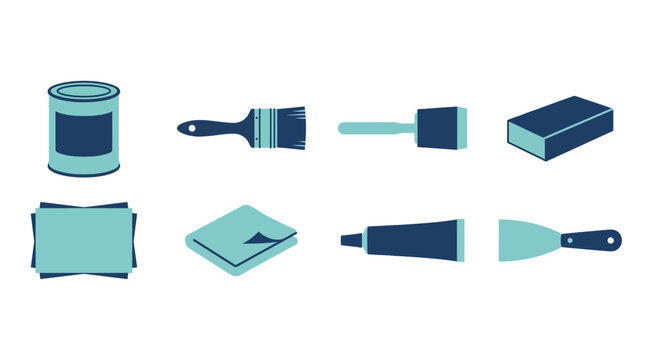 Creative flat lay of painting and decorating tools with paint can brush roller sponge and glue on white background for renovation and diy projects