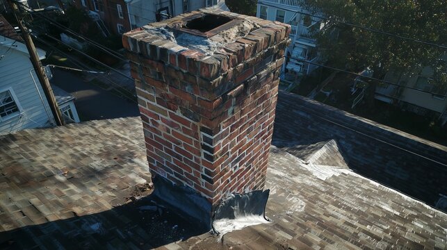 Deteriorated brick chimney with damaged crown on a roof, showing structural wear and the need for repair and masonry restoration.