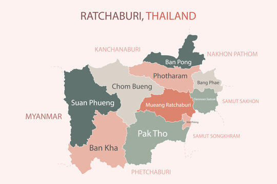 Colorful infographic map of Ratchaburi Thailand with administrative district names