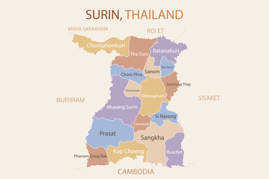 Surin province map with districts and Thailand country map illustration