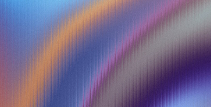 Abstract vibrant gradient background with fluted glass texture and heavy grainy noise in blue purple orange and grey colors