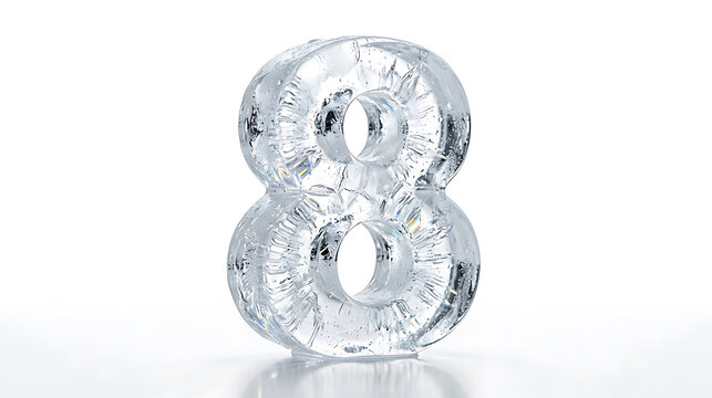 Number eight made of clear melting ice isolated on white background