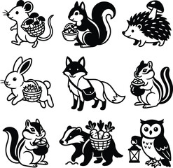 Obraz premium A selection of cute forest animal illustrations featuring woodland creatures gathering food and supplies.