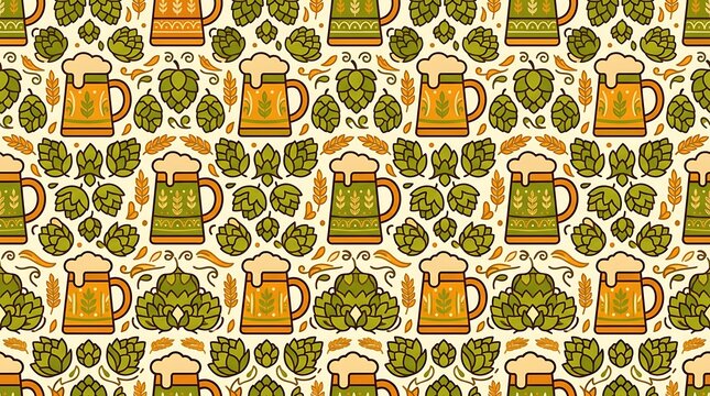 Craft beer brewery seamless pattern with mugs and green hops