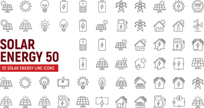 Set of 50 solar energy line icons representing renewable power, green technology and ecology symbols.
