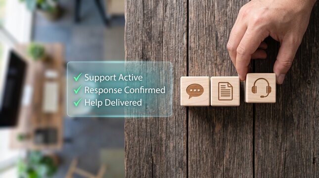 Hand pressing elevator help button with active support response icons