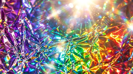 Fototapeta premium A dazzling abstract background featuring iridescent crystal textures with vibrant rainbow light reflections, sparkling highlights, and holographic effects.