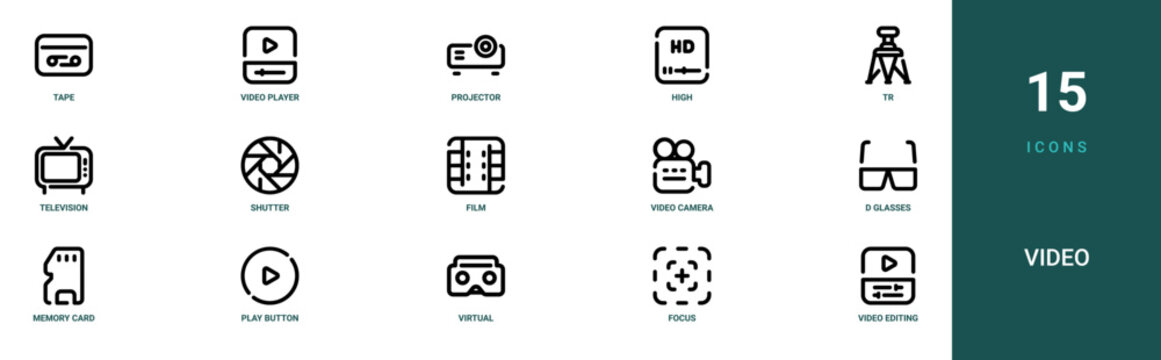 Set of 15 outline web Video icons such as video editing, focus, virtual reality, play button, memory card, d glasses, video camera vector icons for report, presentation, diagram, web design, mobile