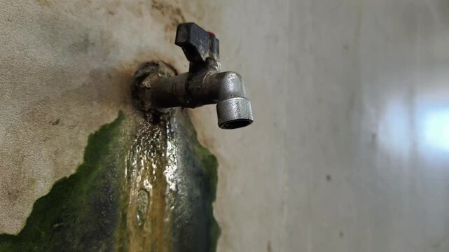 Leaking outdoor water tap dripping onto a mossy concrete wall.
