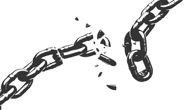 Distressed grunge broken chain snapping links representing freedom and liberation graphic stencil style concept vector illustration
