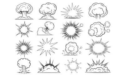 Comic book explosion set with smoke clouds blast boom bang burst line art graphic elements vector illustration © Nazmul
