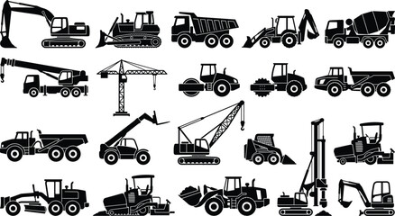 Obraz premium Construction Machinery and Heavy Equipment Silhouette Icon Collection Featuring Excavators Cranes and Trucks