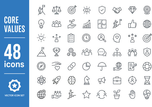 Business core values and professional concepts thin line icon set
