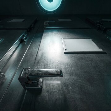 Morgue drawer handle and blank tag in cold blue light