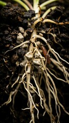 Fototapeta premium Close-up of Roots and Soil with Plant Sprouts and Organic Debris