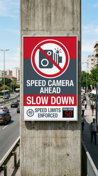 Speed Camera Ahead Slow Down Sign Warning Traffic Safety Urban