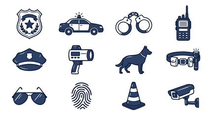 Sleek Monochromatic Line Art Icons Set Featuring Police and Security Equipment in Dark Blue with high quality professional line art symbols for modern creative design and digital branding projects © Azam
