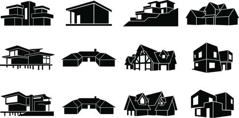 Obraz premium Modern House and Real Estate Architecture Silhouette Icons Set for Construction and Property Branding Design