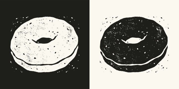 Black and white donut illustration set with grunge linocut texture and inverted color versions