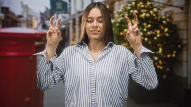 Woman showing peace sign with hands on street beside red postbox and decorated christmas tree; joyful holiday spirit.