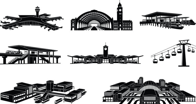 Public transportation hubs and stations black silhouette icon set isolated on white background