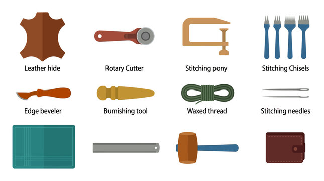 Woodworking tools and accessories for leather crafting and sewing including leather hide rotary cutter stitching pony chisels bever edge beveler burning tool waxed thread needles