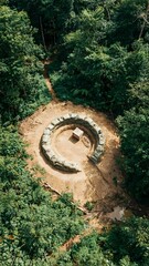 Fototapeta premium Circular stone structure surrounded by lush green trees in a forest clearing