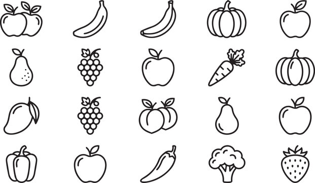 Assorted organic produce silhouettes in a clean grid arrangement for healthy eating concepts