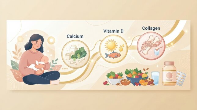 Guide shows essential nutrients like calcium, vitamin D, and collagen important for pregnancy health and development of the baby