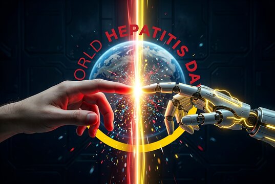Futuristic Digital Healthcare Concept Featuring Human And Robotic Hands Connecting Over A Glowing Earth Representing Global Medical Awareness