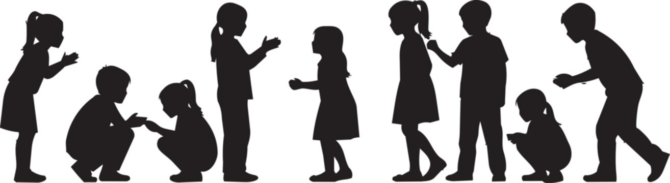 Children's silhouettes playing together during daytime in a simple vector style
