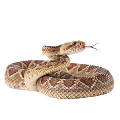 Obraz premium Rattlesnake coils its patterned body while extending a forked tongue to display its predatory behavior in this high resolution studio capture against a stark white background for scientific study.
