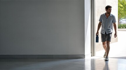 Fototapeta premium Man stepping from indoor shade into bright sunlight