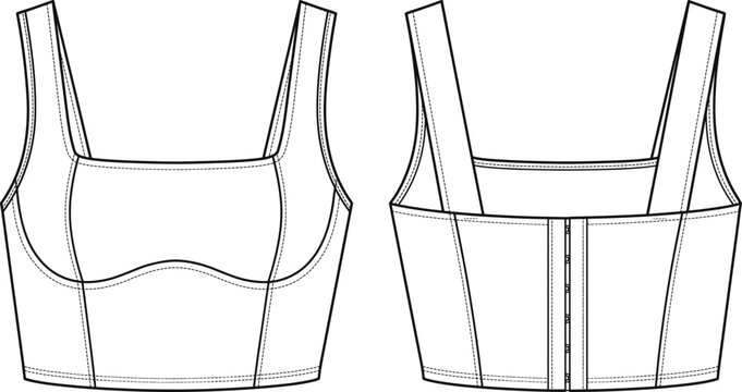 Women's square neck corset crop top fashion technical flat sketch front and back view for tech pack