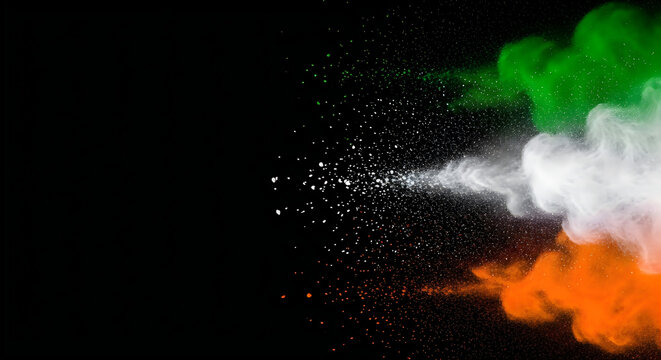 Sparkling green and orange smoke explosion on black background. Vibrant colorful powder burst for dynamic visual effects.