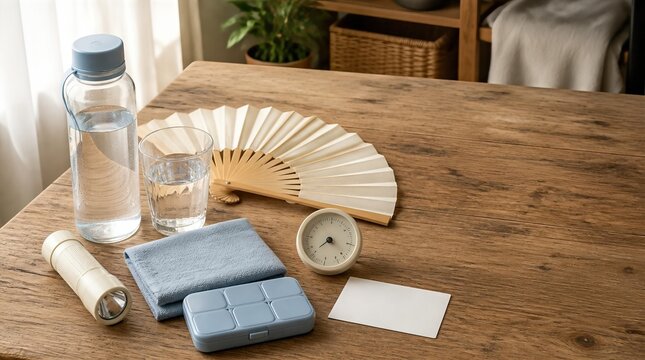 Household items for staying cool and prepared during a heatwave