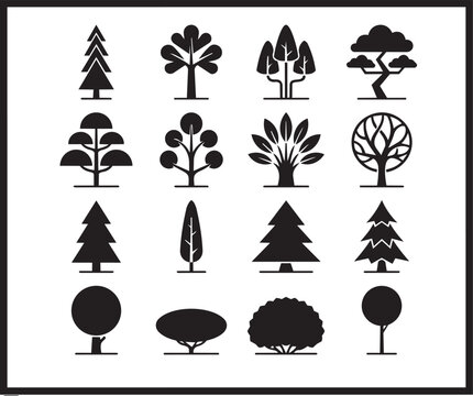 Collection of diverse tree silhouettes in a grid with simple backgrounds for graphic design
