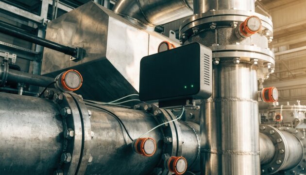 Medium shot of a gateway unit integrated into an industrial IoT network collecting and analyzing sensor data from multiple vibration and wear monitors on manufacturing equipment.