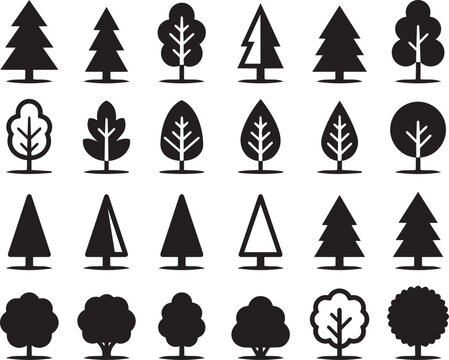 Collection of diverse tree silhouettes on white background for organic design concepts