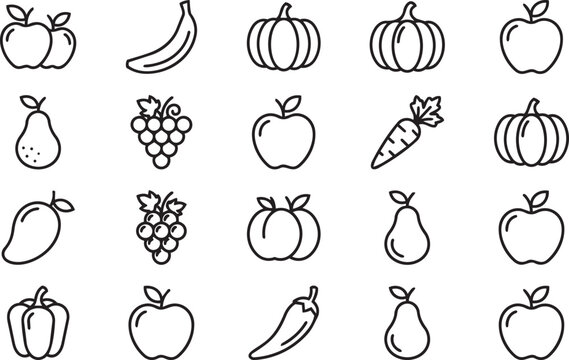 Collection of simple fruit and vegetable outlines in a clean graphic style