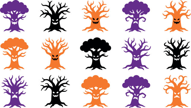 Spooky cartoon ghost trees with angry faces in halloween style