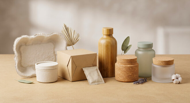 Set of Sustainable Packaging Concepts with Natural Materials and Glass Jars