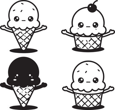 Cute kawaii ice cream cone characters in vector silhouette for food branding and graphic design