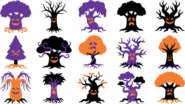 Friendly animated halloween trees with spooky and cute faces