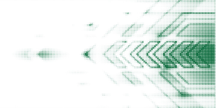 Abstract green halftone arrow wave on white background. Dotted geometric pattern with dynamic perspective for modern backgrounds and design.