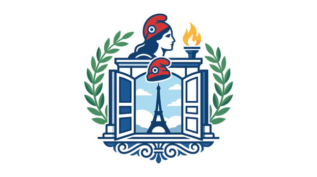 Corporate of Parisian Woman in Phrygian Cap Holding Flame Torch with Eiffel Tower View Through Open Window