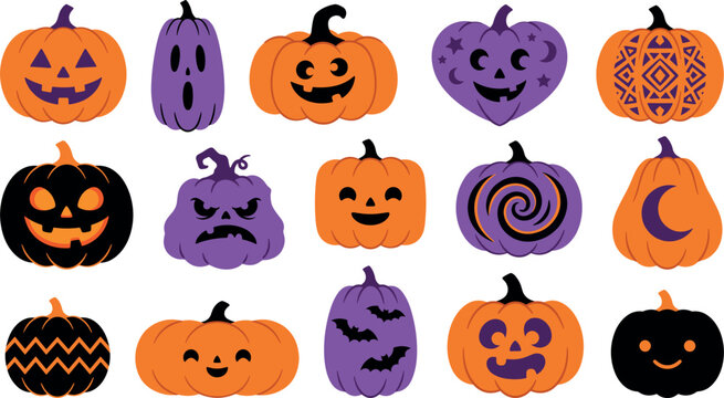 Creative carved halloween pumpkins with fun faces and patterns