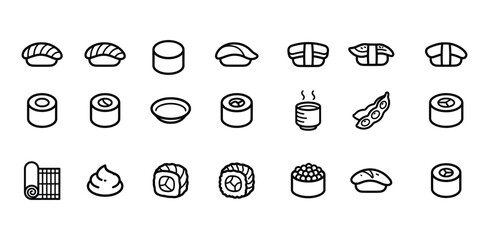 Sushi line icons set. Nigiri, maki, sashimi, gunkan, soy sauce, wasabi, bamboo mat, tea, edamame, and Japanese cuisine. Editable stroke. © Graphics Store 28