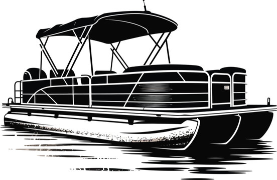 Black silhouette of a luxury pontoon boat with canopy on calm water isolated on white background for design and decoration